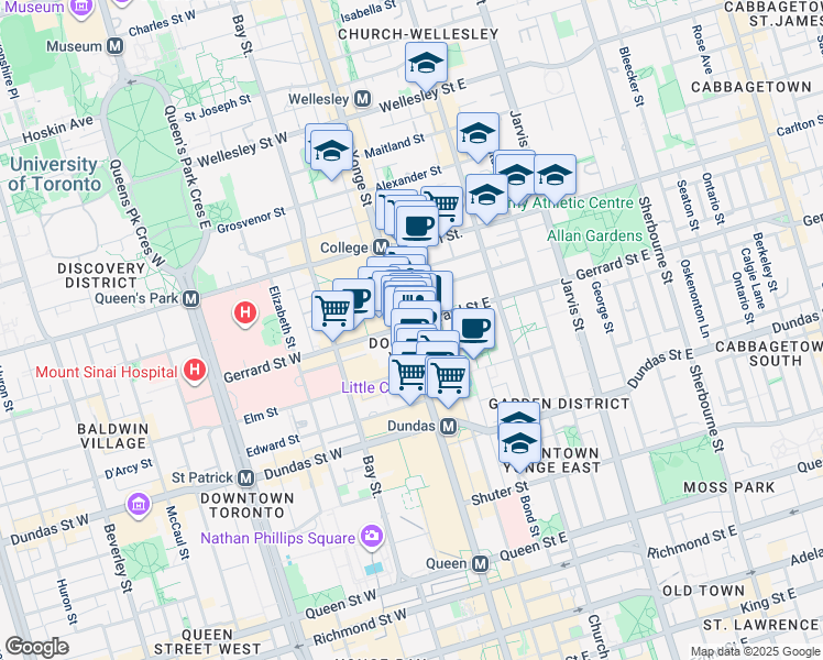 map of restaurants, bars, coffee shops, grocery stores, and more near 389 Yonge Street in Toronto
