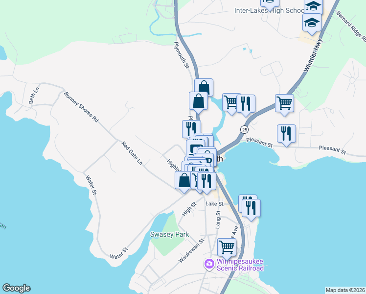 map of restaurants, bars, coffee shops, grocery stores, and more near 23 Saint James Street in Meredith