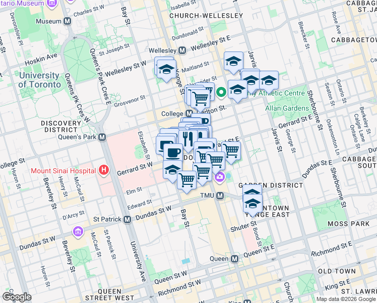 map of restaurants, bars, coffee shops, grocery stores, and more near 386 Yonge Street in Toronto