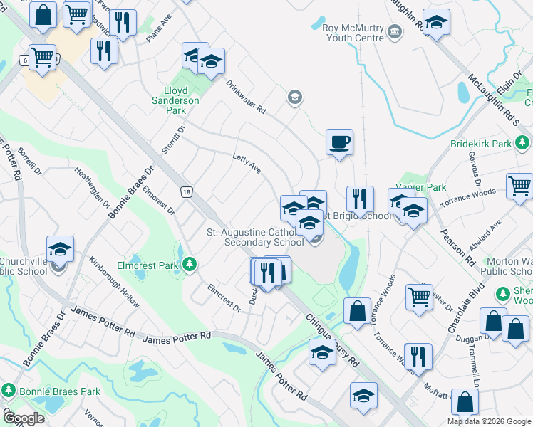 map of restaurants, bars, coffee shops, grocery stores, and more near 14 Mullis Crescent in Brampton