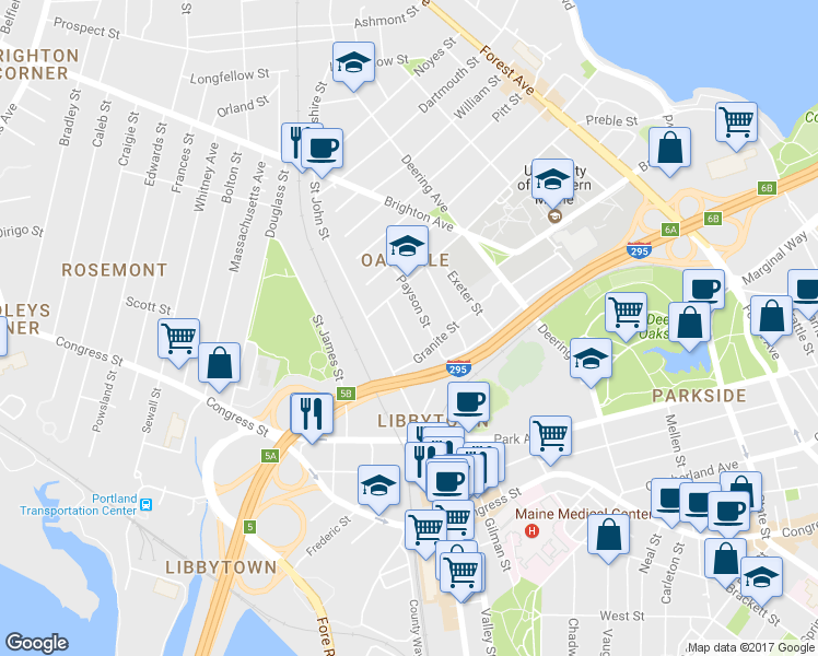 map of restaurants, bars, coffee shops, grocery stores, and more near 55 Roberts Street in Portland