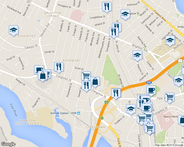 map of restaurants, bars, coffee shops, grocery stores, and more near 60 Massachusetts Avenue in Portland