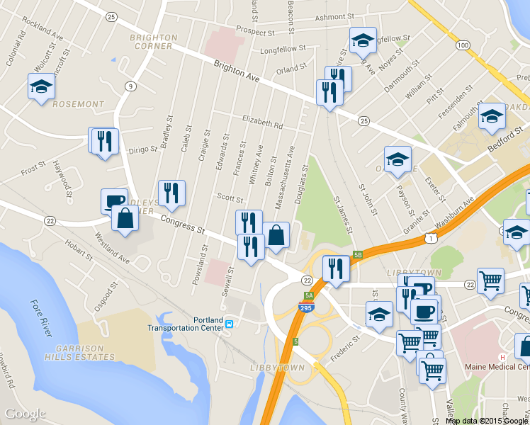 map of restaurants, bars, coffee shops, grocery stores, and more near 60 Massachusetts Avenue in Portland