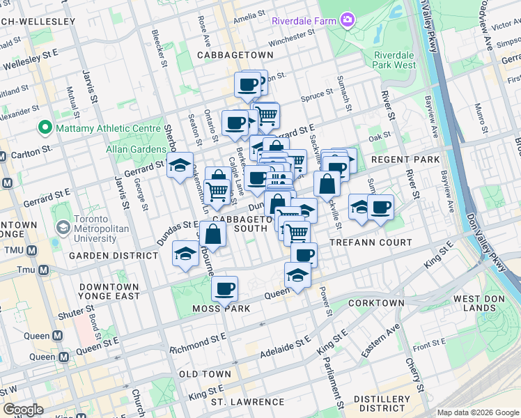 map of restaurants, bars, coffee shops, grocery stores, and more near in Toronto