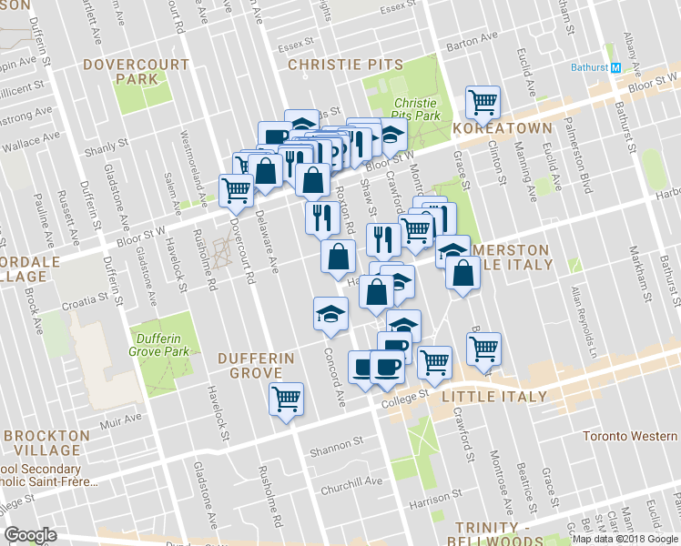 map of restaurants, bars, coffee shops, grocery stores, and more near in Toronto
