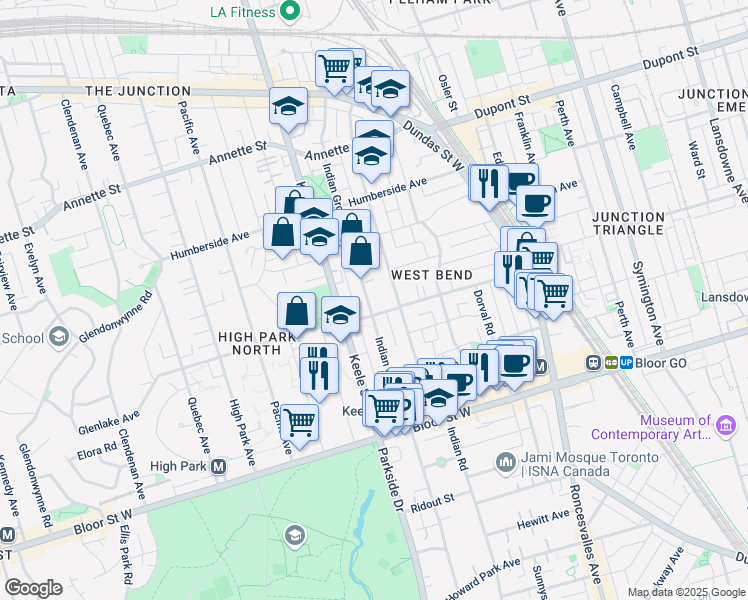 map of restaurants, bars, coffee shops, grocery stores, and more near in Toronto
