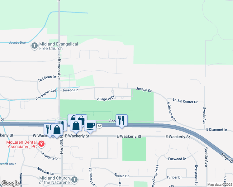map of restaurants, bars, coffee shops, grocery stores, and more near 800 Village East Drive in Midland