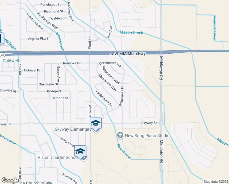 map of restaurants, bars, coffee shops, grocery stores, and more near 19729 Alleghenny Way in Caldwell