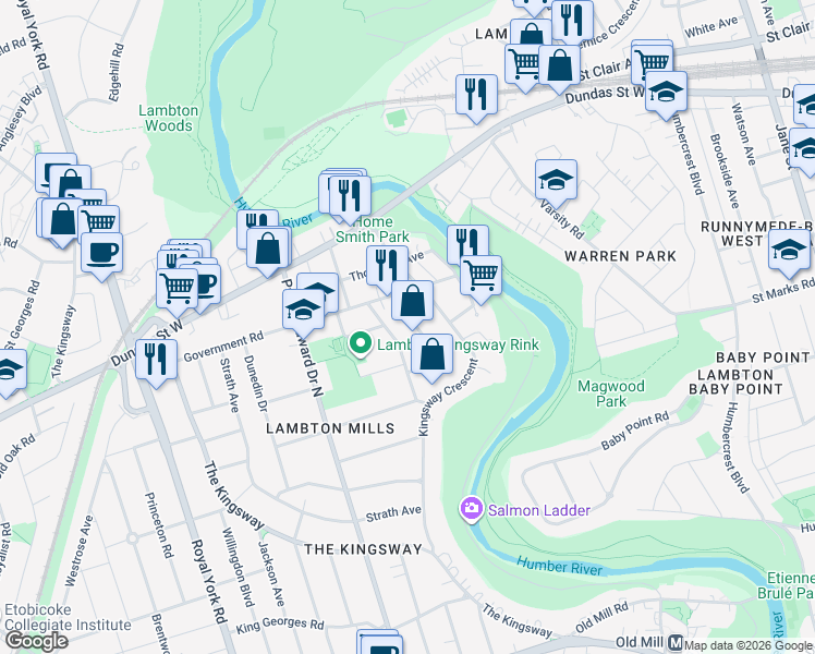 map of restaurants, bars, coffee shops, grocery stores, and more near 12 Elliott Avenue in Toronto