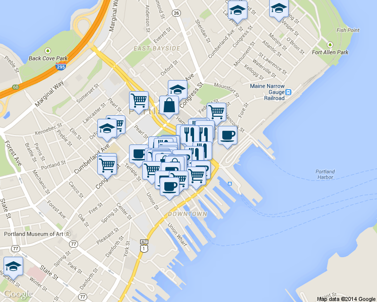 map of restaurants, bars, coffee shops, grocery stores, and more near Middle Street in Portland