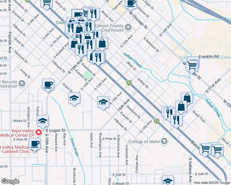 map of restaurants, bars, coffee shops, grocery stores, and more near 1417 Dearborn Street in Caldwell