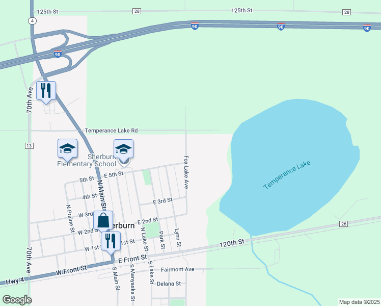 map of restaurants, bars, coffee shops, grocery stores, and more near 402 Fox Lake Avenue in Sherburn