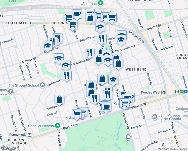 map of restaurants, bars, coffee shops, grocery stores, and more near 194 Oakmount Road in Toronto