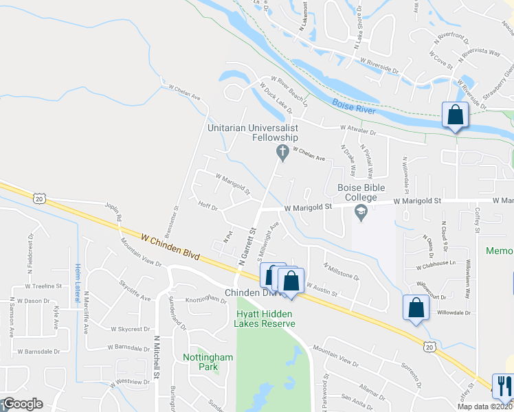map of restaurants, bars, coffee shops, grocery stores, and more near 5931 North Garrett Street in Boise