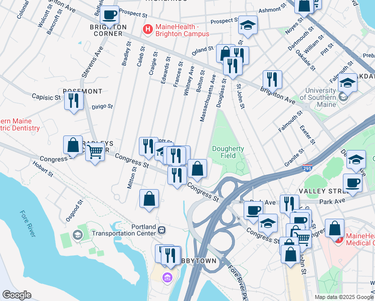 map of restaurants, bars, coffee shops, grocery stores, and more near 60 Massachusetts Avenue in Portland