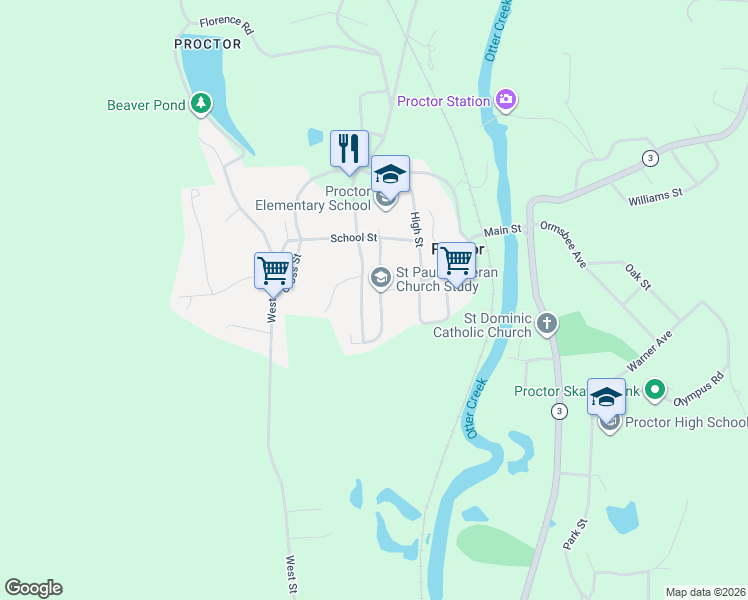 map of restaurants, bars, coffee shops, grocery stores, and more near 25 Gibbs Street in Proctor