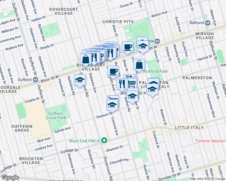 map of restaurants, bars, coffee shops, grocery stores, and more near 612 Ossington Avenue in Toronto