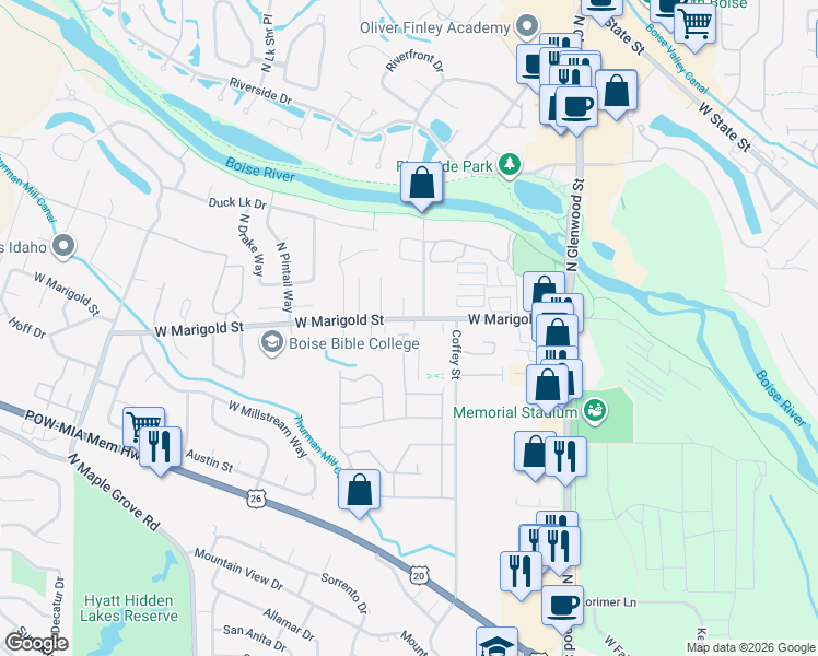 map of restaurants, bars, coffee shops, grocery stores, and more near 5940 North Cloud Nine Drive in Boise