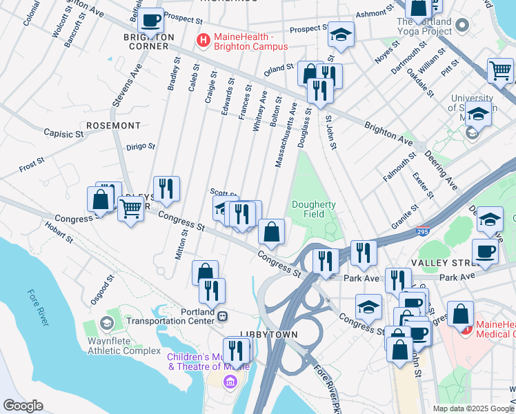 map of restaurants, bars, coffee shops, grocery stores, and more near 49 Bolton Street in Portland