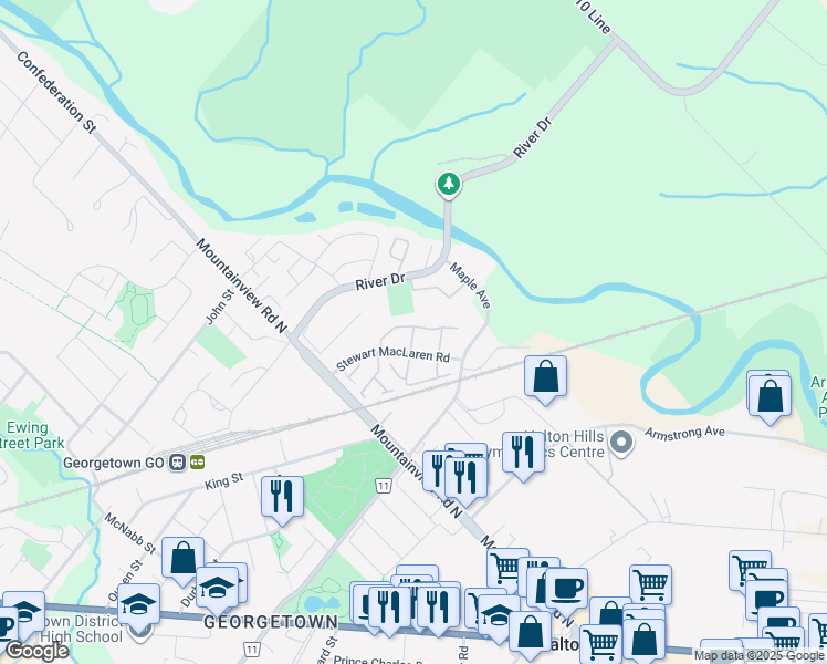 map of restaurants, bars, coffee shops, grocery stores, and more near 4 Brian Lane in Halton Hills