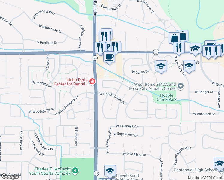 map of restaurants, bars, coffee shops, grocery stores, and more near 13603 W Edenbrook Dr in Boise