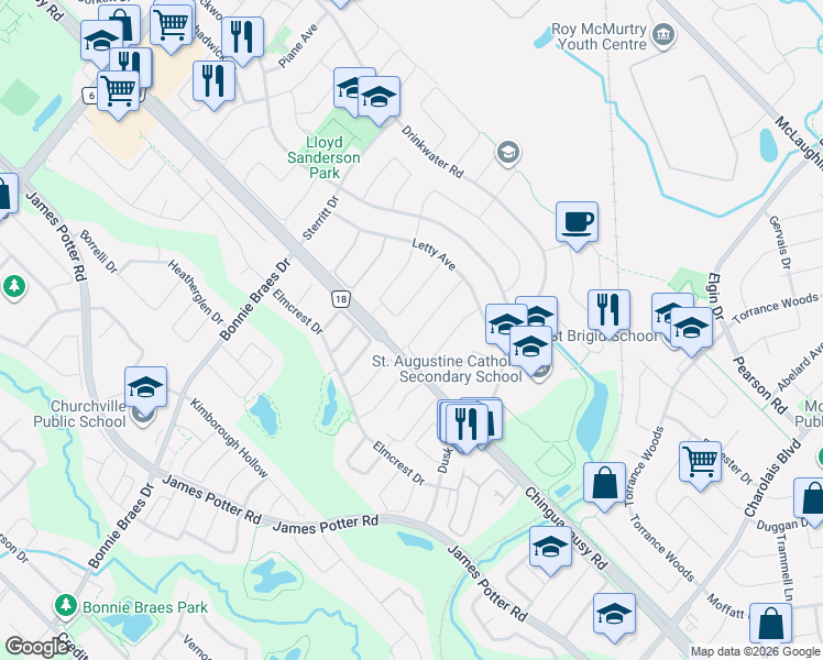 map of restaurants, bars, coffee shops, grocery stores, and more near 68 Mullis Crescent in Brampton