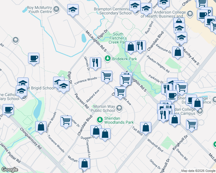 map of restaurants, bars, coffee shops, grocery stores, and more near 12 Torrance Woods in Brampton
