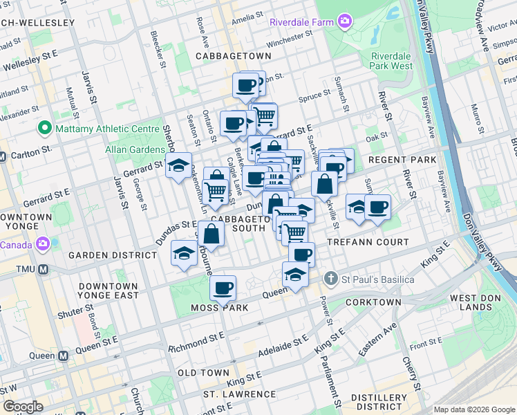 map of restaurants, bars, coffee shops, grocery stores, and more near 415 Dundas Street East in Toronto