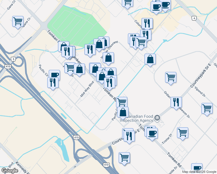 map of restaurants, bars, coffee shops, grocery stores, and more near 6665 Tomken Road in Mississauga