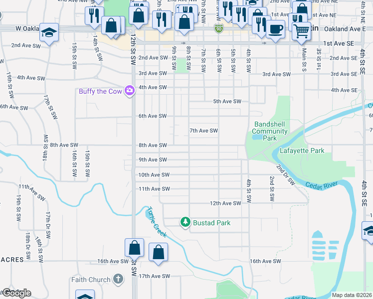 map of restaurants, bars, coffee shops, grocery stores, and more near 901 8th Avenue Southwest in Austin