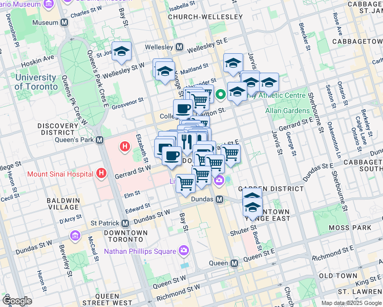 map of restaurants, bars, coffee shops, grocery stores, and more near 388 Yonge Street in Toronto
