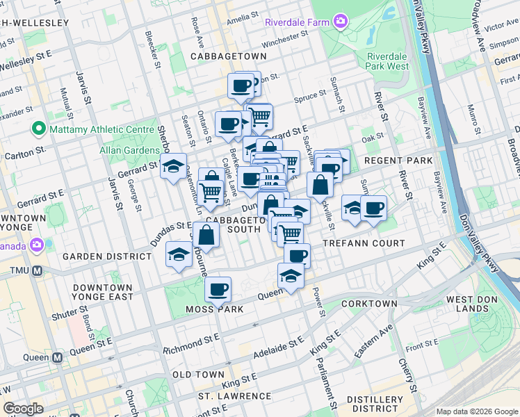 map of restaurants, bars, coffee shops, grocery stores, and more near 90 Poulett Street in Toronto