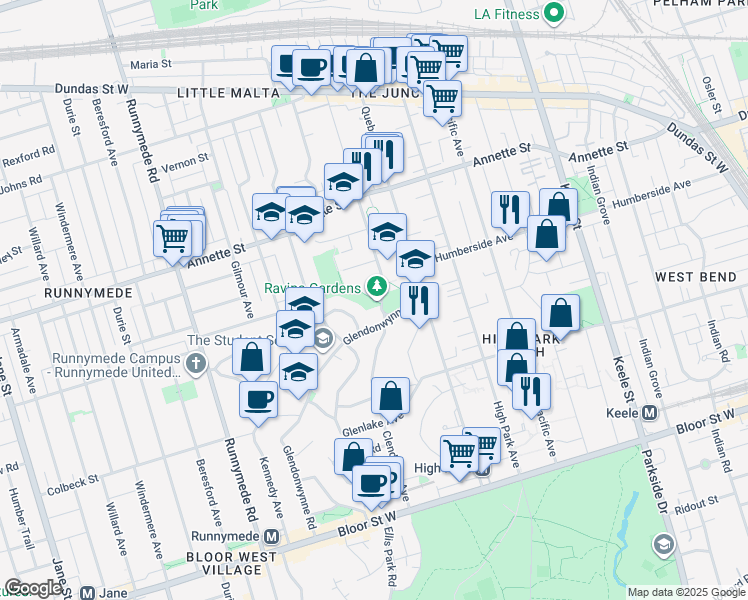 map of restaurants, bars, coffee shops, grocery stores, and more near 290 Clendenan Avenue in Toronto