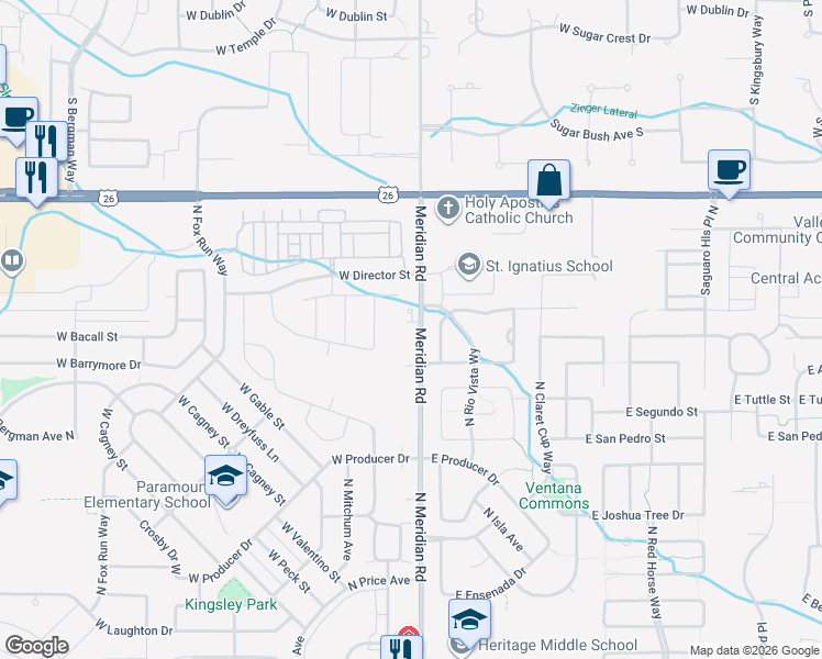 map of restaurants, bars, coffee shops, grocery stores, and more near 5995 North Meridian Road in Meridian