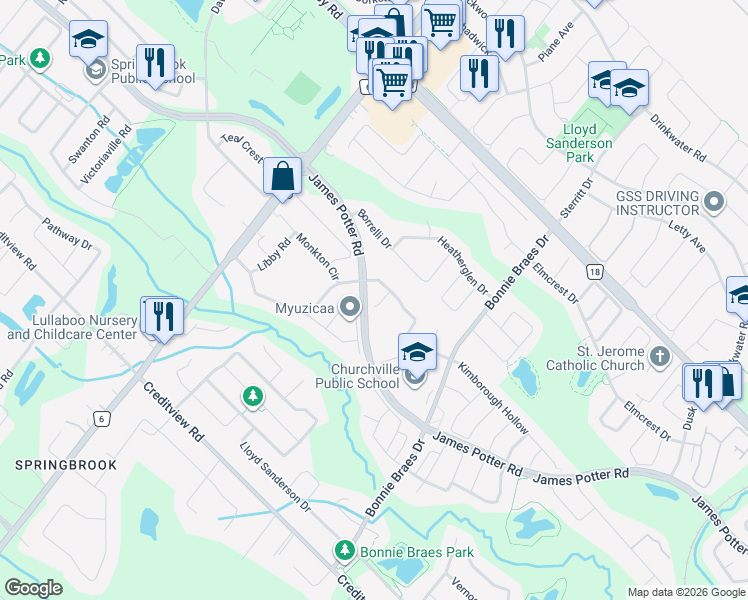map of restaurants, bars, coffee shops, grocery stores, and more near 22 Adeline Court in Brampton
