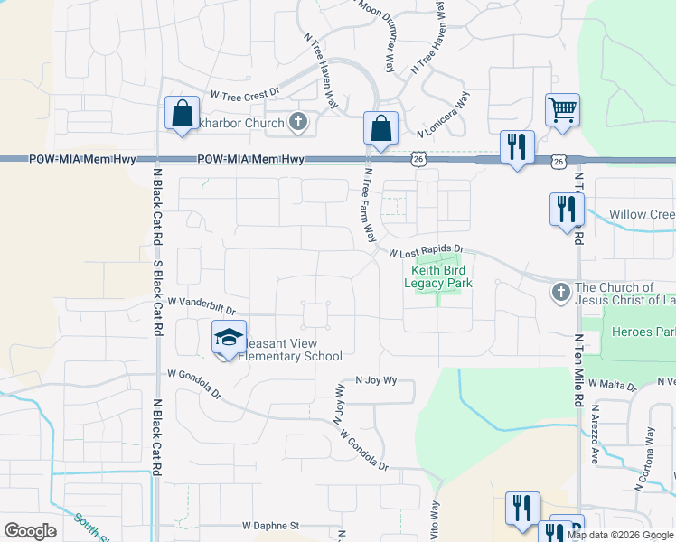 map of restaurants, bars, coffee shops, grocery stores, and more near 4102 West Wolf Rapids Drive in Meridian