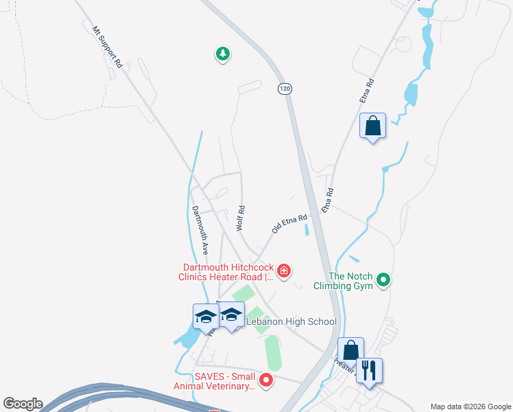 map of restaurants, bars, coffee shops, grocery stores, and more near 31 Old Etna Road in Lebanon