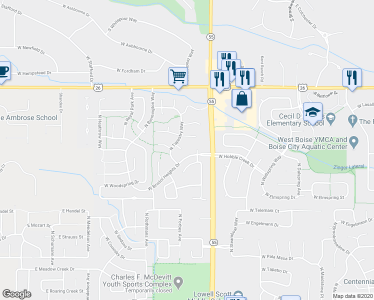 map of restaurants, bars, coffee shops, grocery stores, and more near 13982 West Halifax Court in Boise