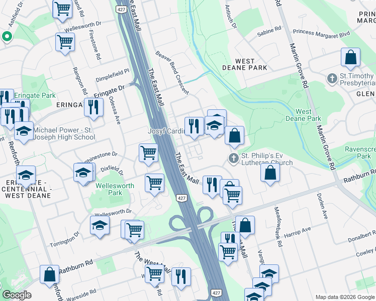 map of restaurants, bars, coffee shops, grocery stores, and more near 11 West Deane Park Drive in Toronto