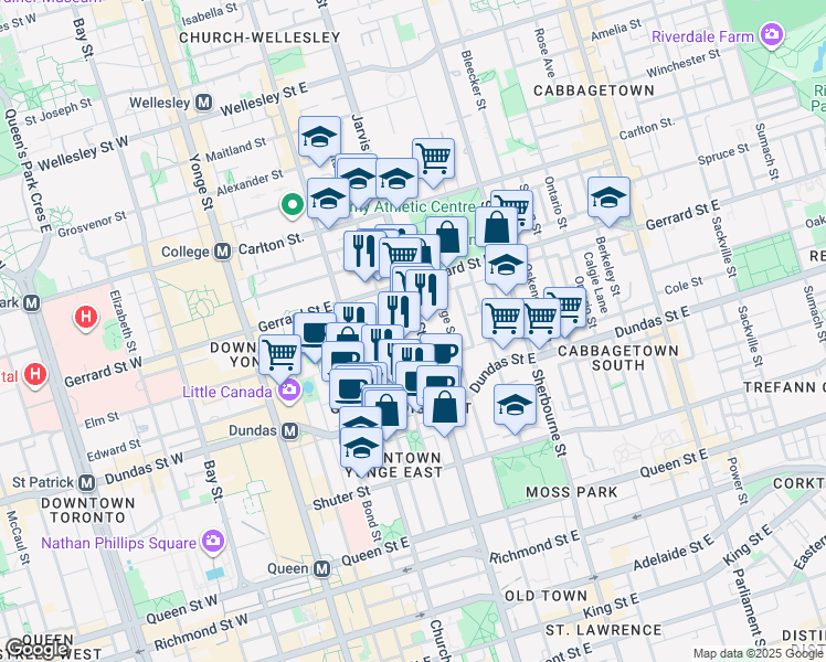 map of restaurants, bars, coffee shops, grocery stores, and more near 250 Jarvis Street in Toronto