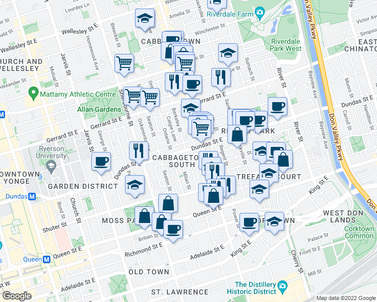 map of restaurants, bars, coffee shops, grocery stores, and more near 415 Dundas Street East in Toronto