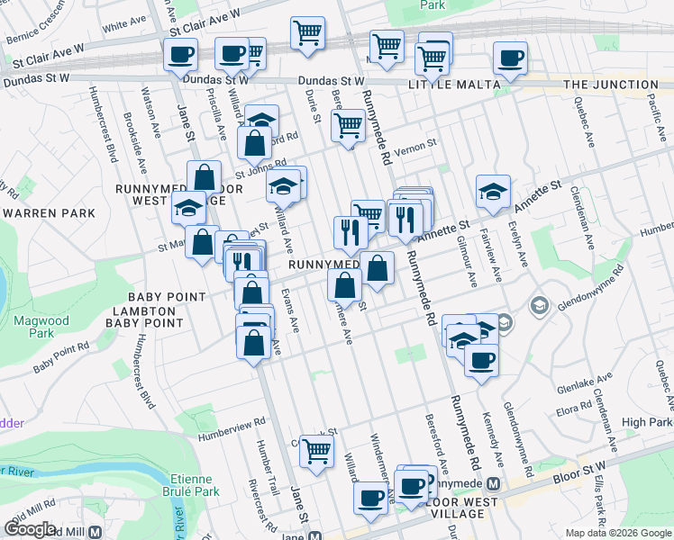map of restaurants, bars, coffee shops, grocery stores, and more near 655 Annette Street in Toronto