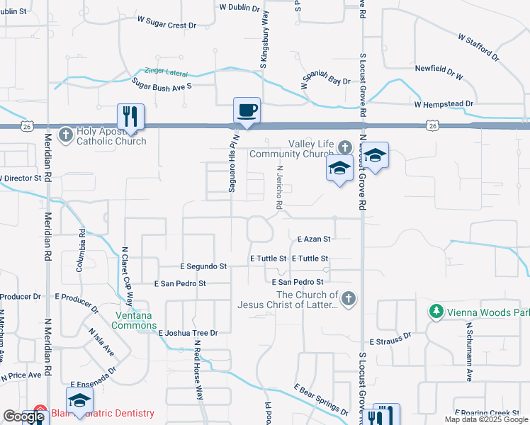 map of restaurants, bars, coffee shops, grocery stores, and more near 1098 East Pasacana Street in Meridian