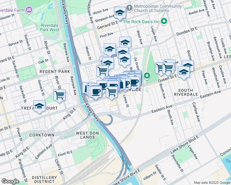 map of restaurants, bars, coffee shops, grocery stores, and more near 716 Queen Street East in Toronto
