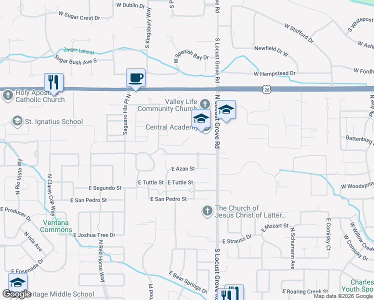 map of restaurants, bars, coffee shops, grocery stores, and more near 1374 East Commander Street in Meridian