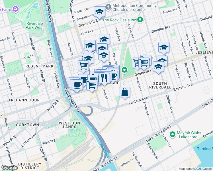 map of restaurants, bars, coffee shops, grocery stores, and more near 751 Queen Street East in Toronto