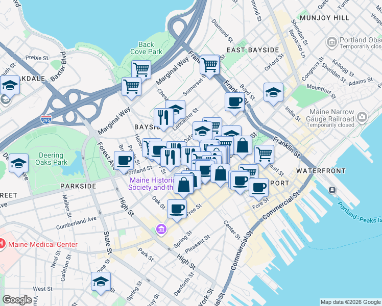 map of restaurants, bars, coffee shops, grocery stores, and more near 307 Cumberland Avenue in Portland
