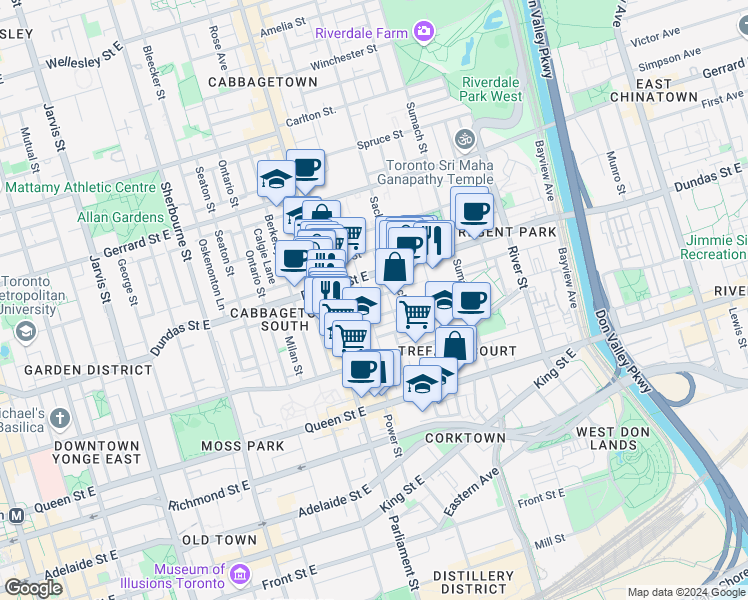 map of restaurants, bars, coffee shops, grocery stores, and more near 7 Saint Bartholomew Street in Toronto