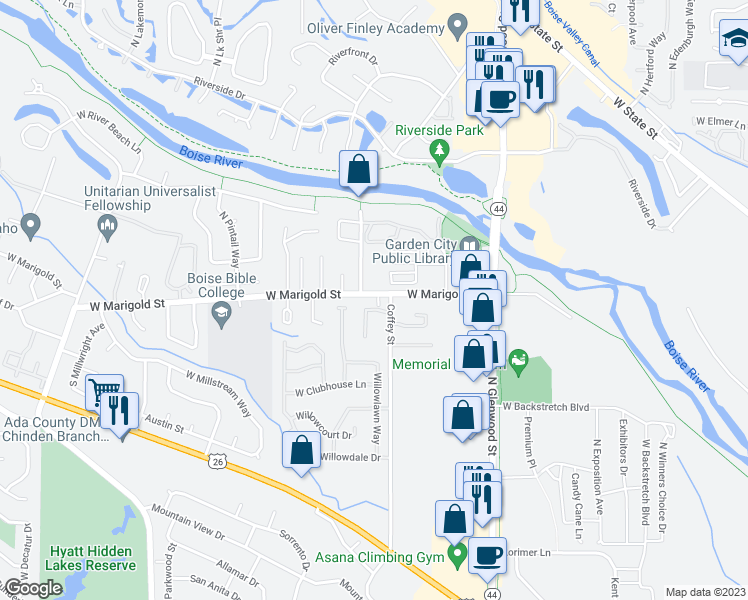 map of restaurants, bars, coffee shops, grocery stores, and more near 5979 North Chad Evert Lane in Garden City
