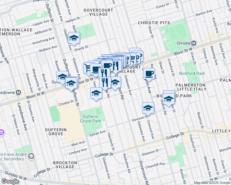 map of restaurants, bars, coffee shops, grocery stores, and more near 110 Hepbourne Street in Toronto